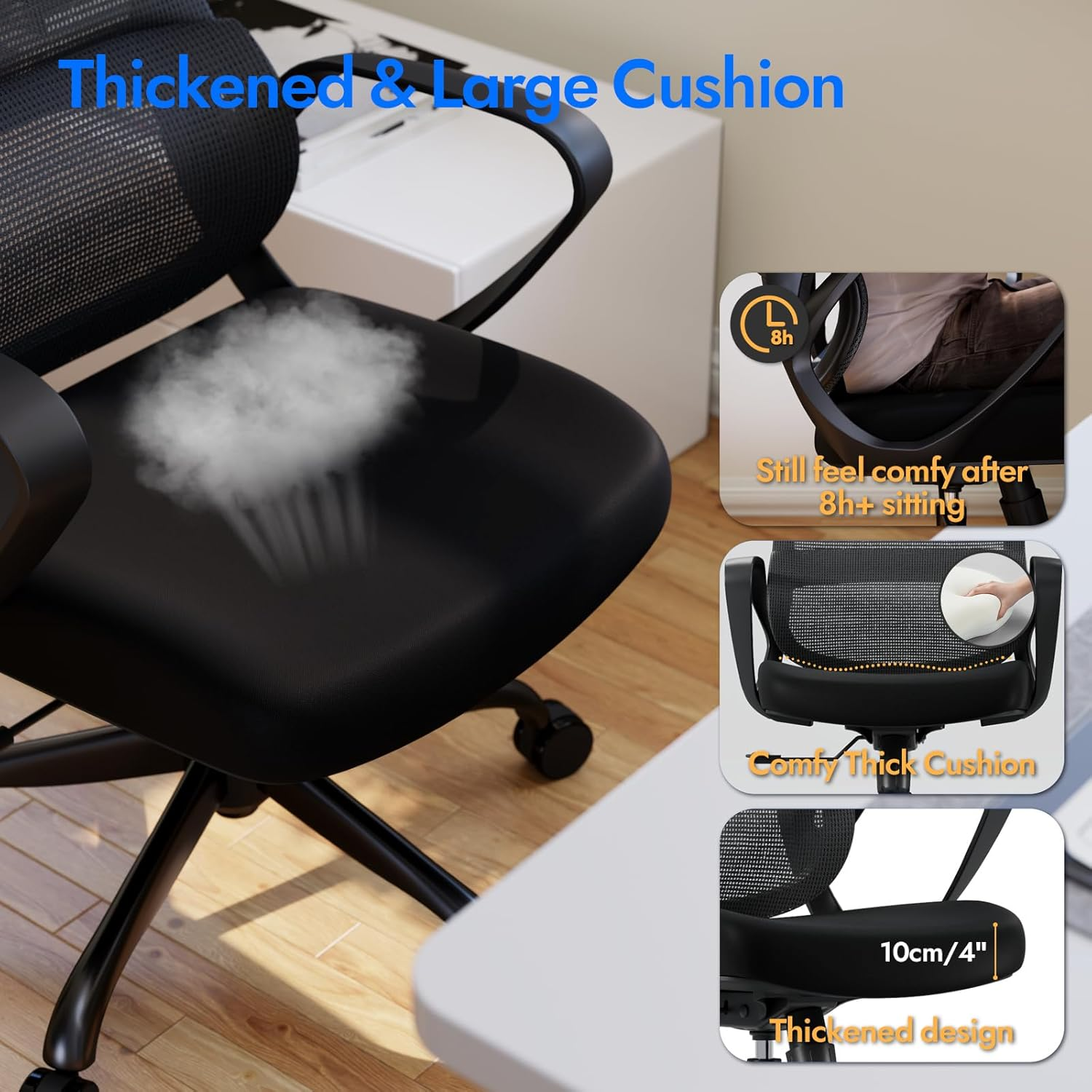 Ergonomic Office Chair, Gaming Chair, Desk Chair with Wide Headrest, Lumbar Support, Mesh Back, 135&deg; Recline, Adjustable Height, Rolling Computer Chair with Easy-Install Legs, Black image number 4
