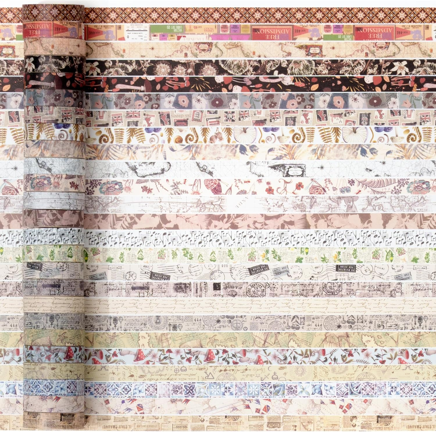 YUBBAEX Vintage Washi Tape Pack 50 Rolls Retro Printed Masking Tape Antique Patterns Decorative for Arts, DIY Crafts, Journal Supplies, Planners, Scrapbook, Card/Gift Wrapping image number 1