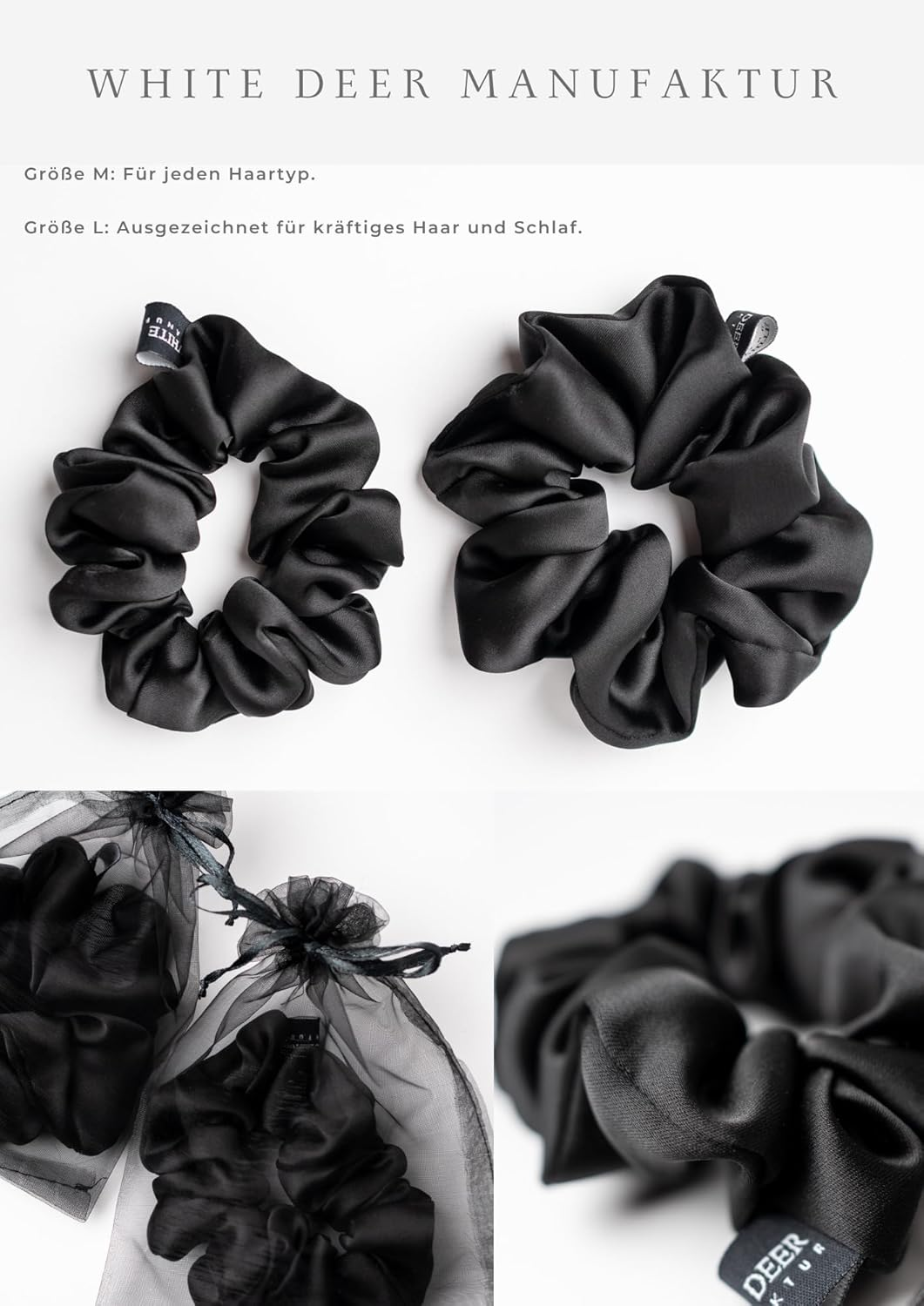 WHITE DEER MANUFAKTUR Scrunchie Soft Edition - Premium Satin Scrunchie in Black, Medium for Normal Hair - Comes with Organza Pouch image number 4