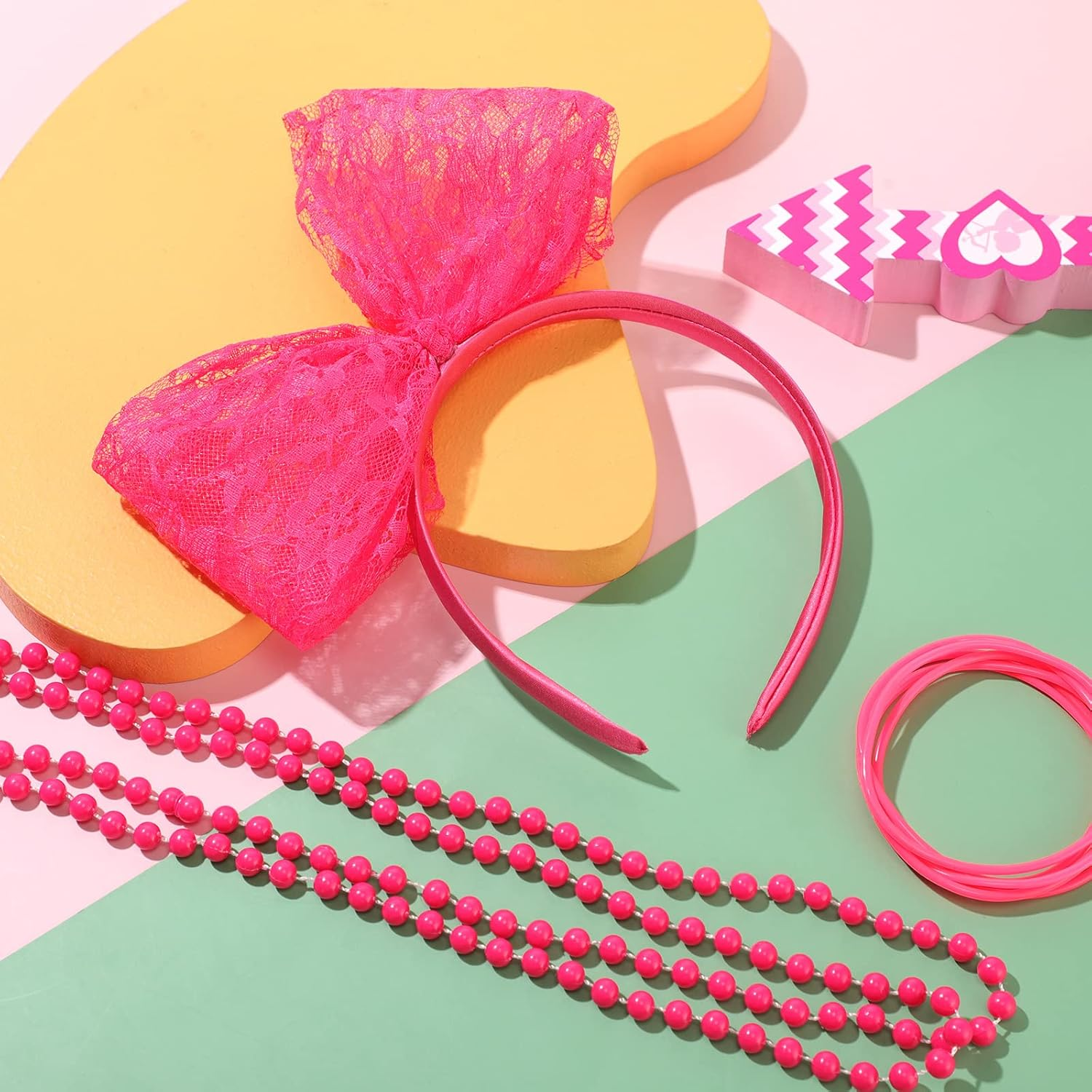 Xinnun Neon Lace Bow Headband for Women 80S Costume Headwear Lace Bow Hair Accessory 1980S Cosplay Accessories for 1980S Theme Party Halloween Hair Hoop Costume image number 5