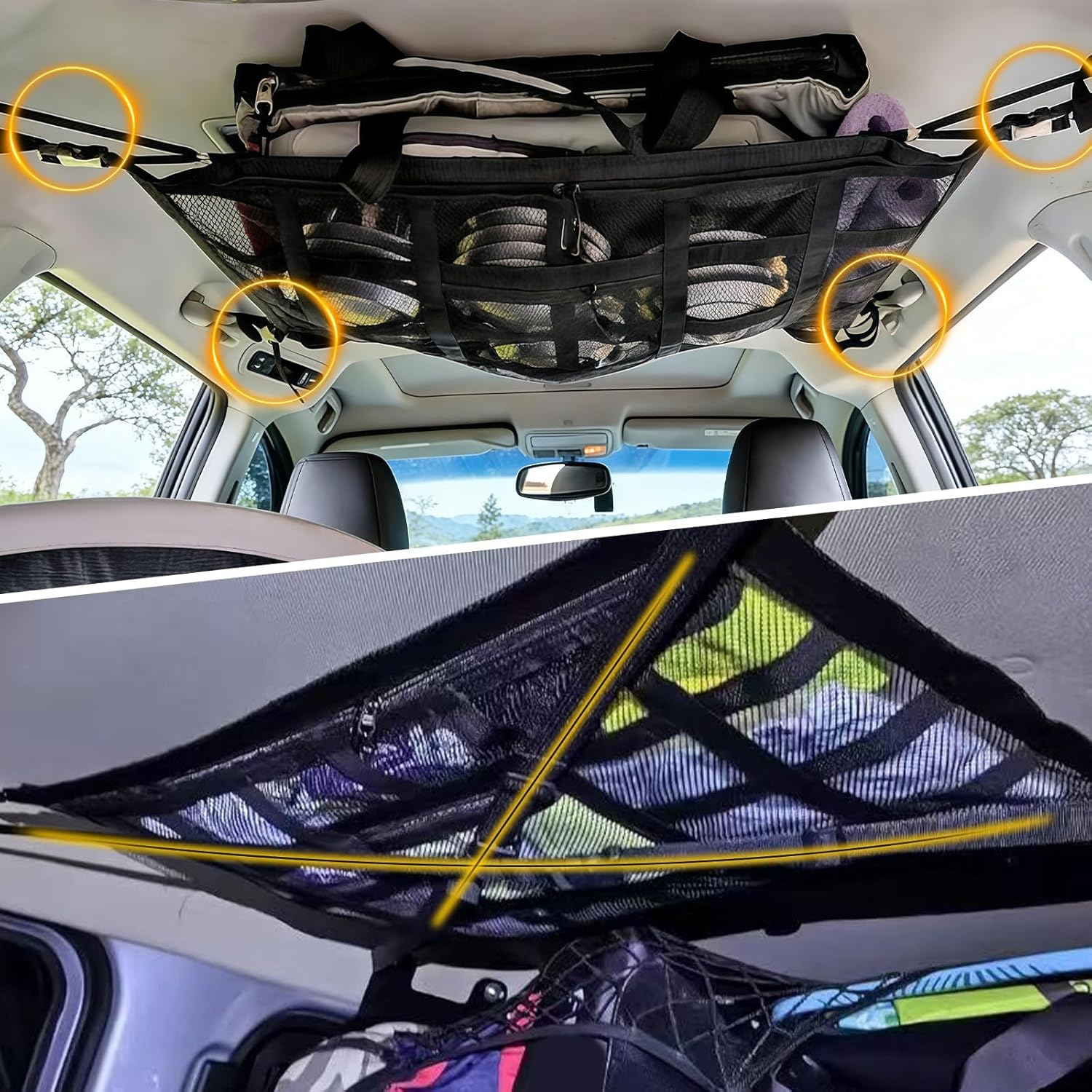 Car Ceiling Cargo Net with 2 Pockets & Adjustable Support Straps, 90&times;65Cm SUV Roof Storage Mesh for Car Camping, Travel & Overlanding Accessories Black image number 3