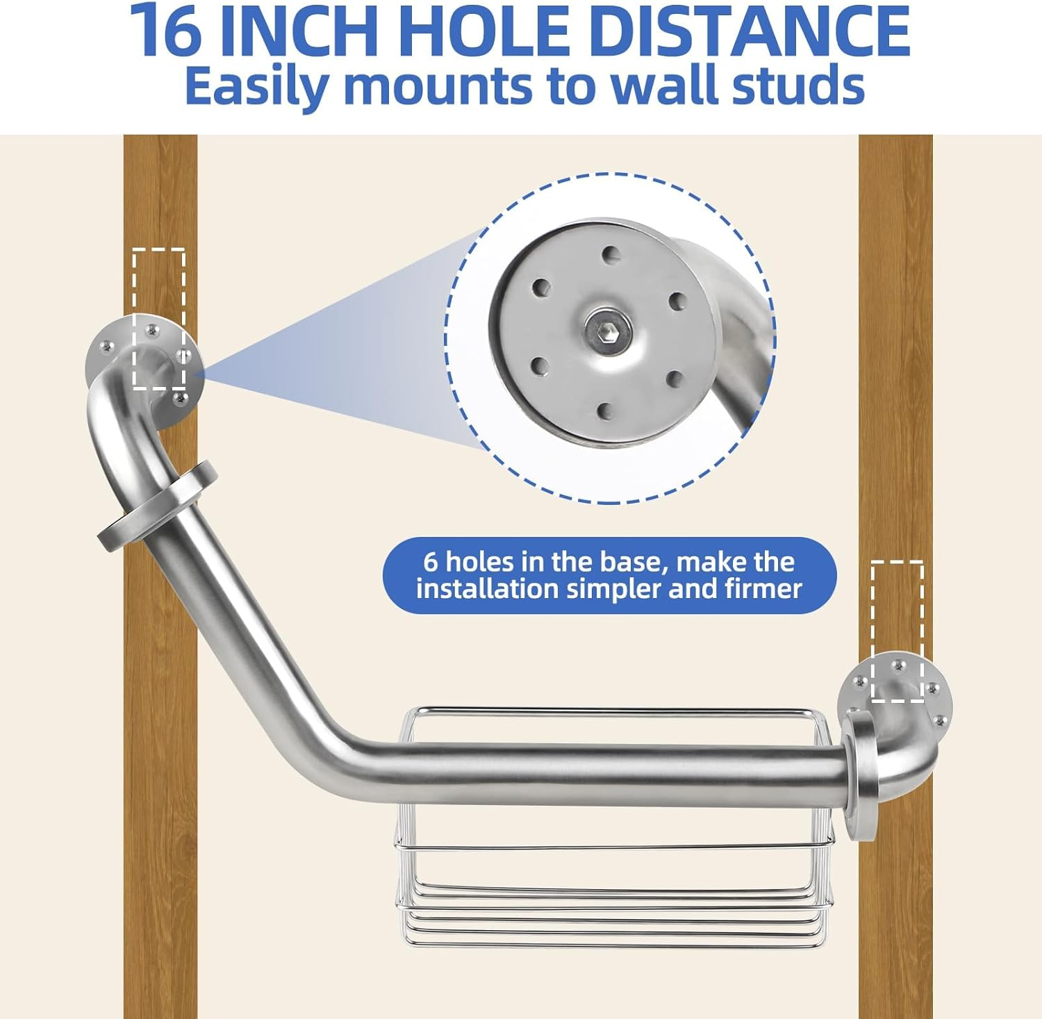 16 Inch Angled Grab Bar with Storage Basket, Handicap Grab Bar for Elderly, Stainless Steel, Grab Bars for Shower, Bathroom Mobility Aid, Heavy Duty 550Lbs Support image number 3