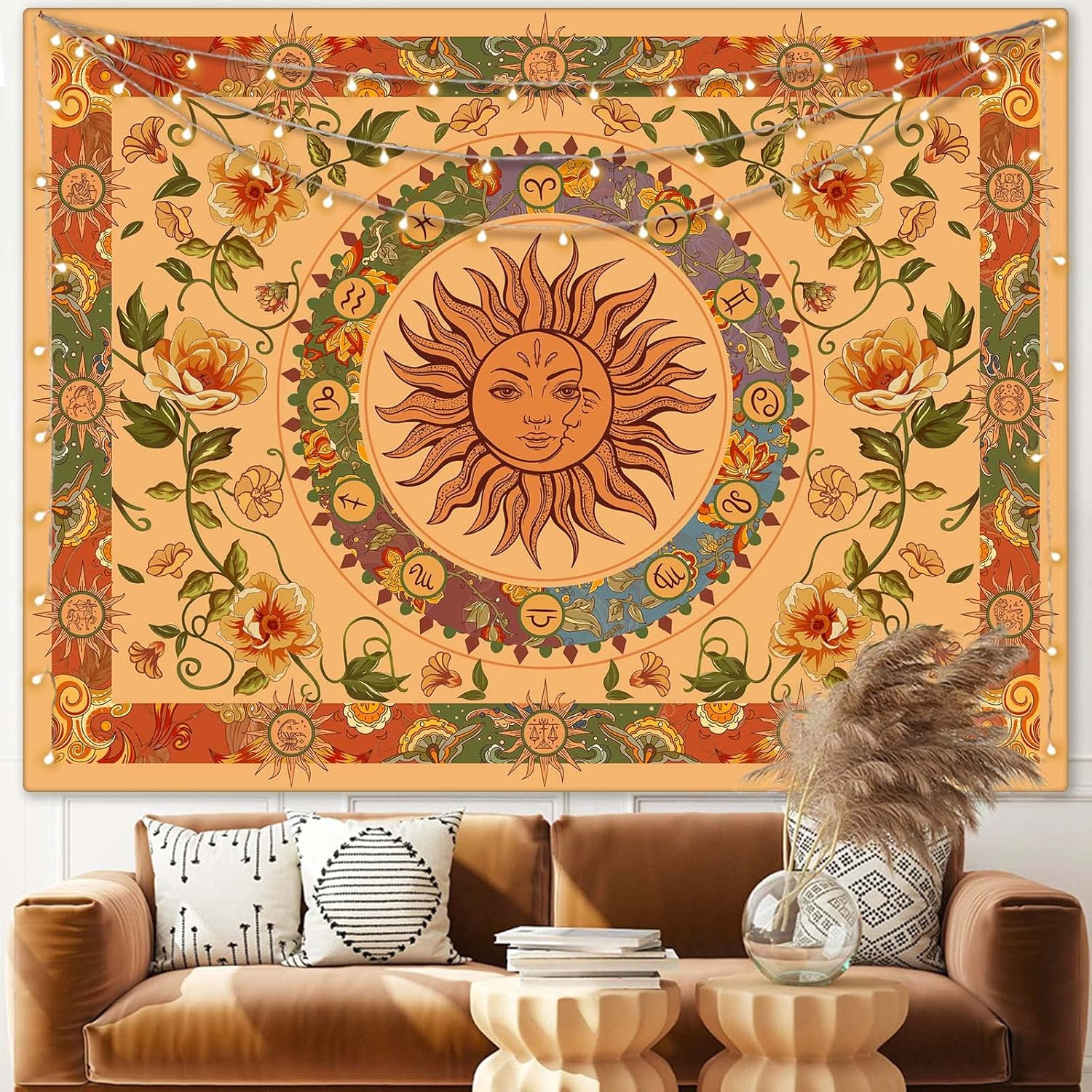 Aipon Sun and Moon Tapestry for Bedroom Boho Vintage Floral Hippie Wall Tapestry Aesthetic Retro Flower Plant Small Tapestries Wall Hanging for Living Room Dorm Decor 60 X 44 Inch