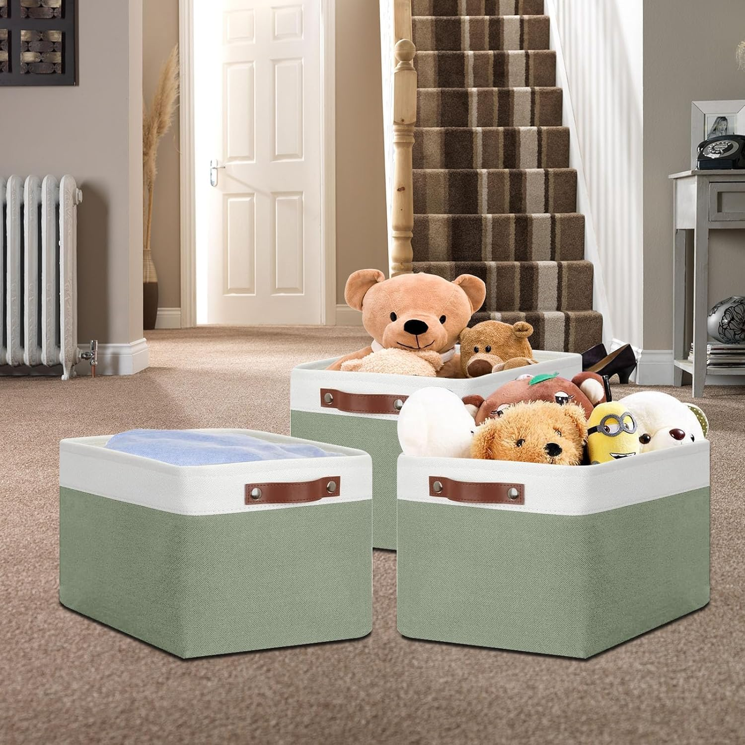 Tinyso Fabric Nursery Storage Baskets for Shelves(3 Pack),Foldable Large Storage Baskets for Organizing,Linen Storage Cube Box Decorative Baskets Bins with Handles for Closet,Clothes,Toy