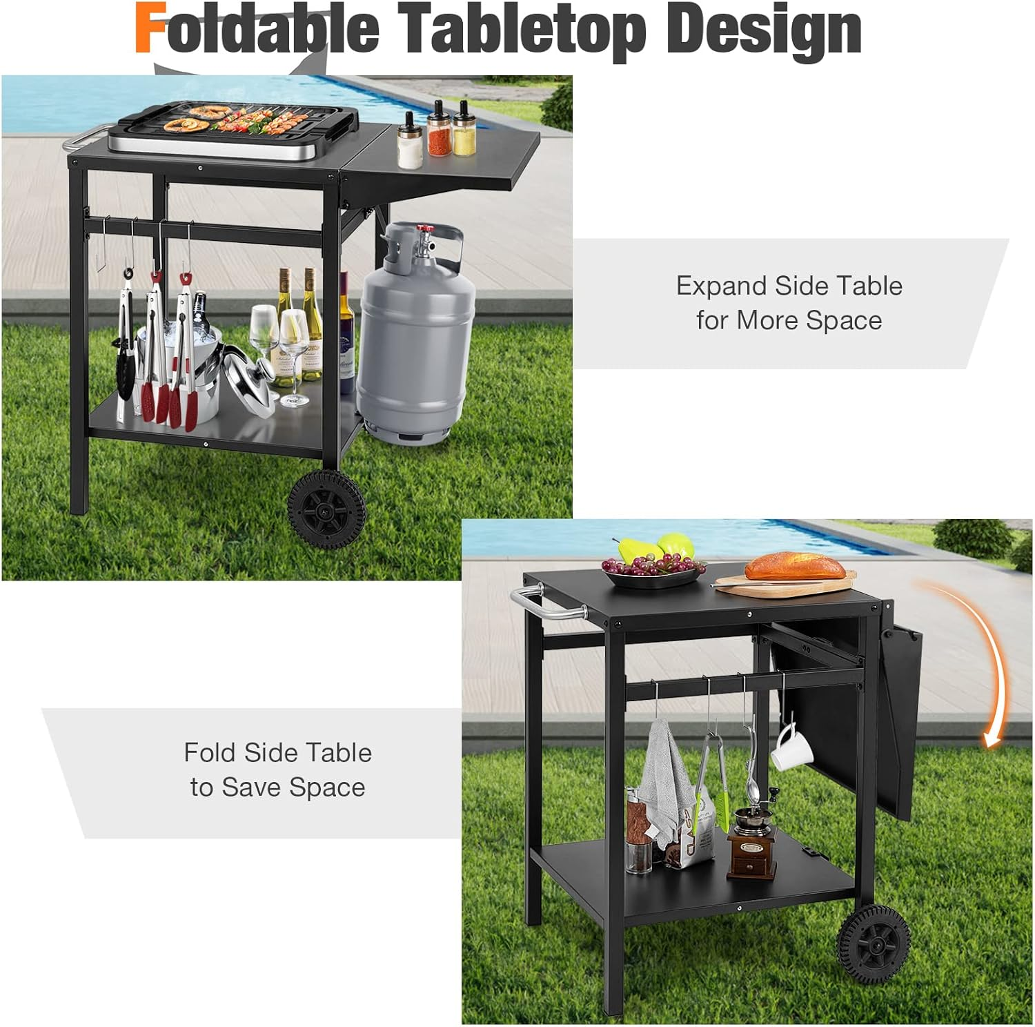 Giantex Outdoor Pizza Oven Stand Grill Cart with Wheels, Foldable Side Table, Gas Tank Hook, 4 Removable Hooks, Double-Shelf Movable Dining Cart Food Prep Worktable Trolley for outside Kitchen BBQ image number 3