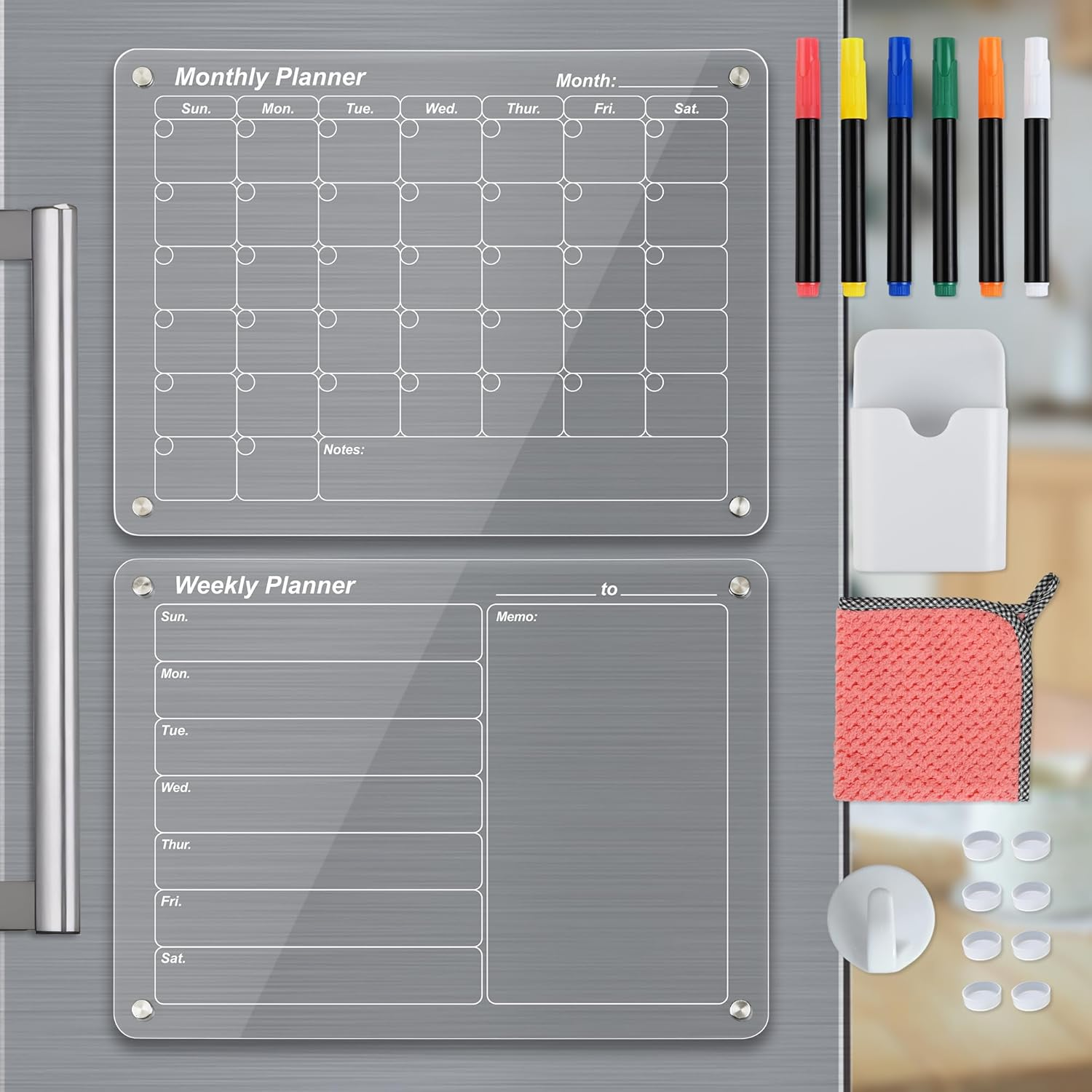 Acrylic Fridge Planner, 30 X 20 Cm Magnetic to Do List, Weekly Meal Planner Magnetic Fridge, Including 6 Wet Erase Markers, Marker Holder, Silicone Pads and Wipe Cloth.