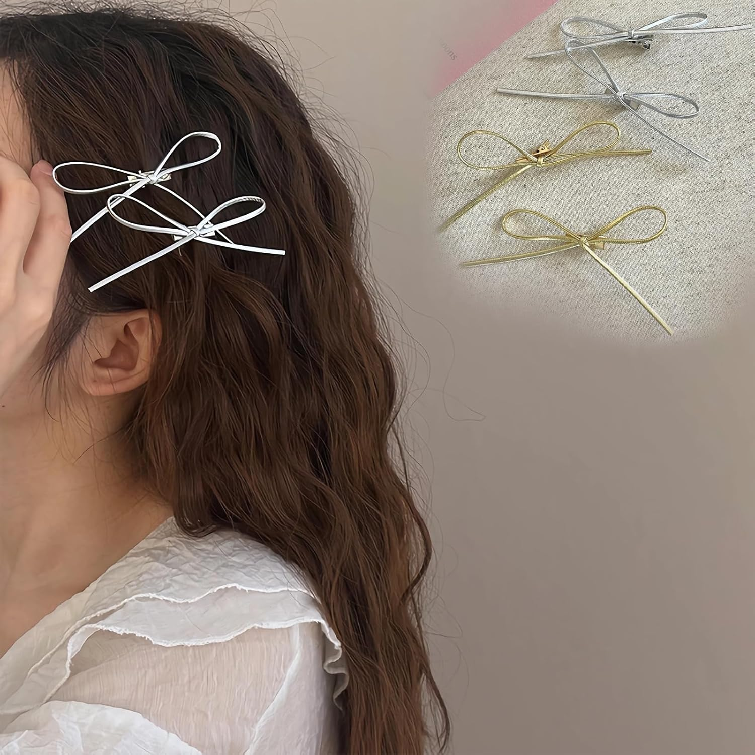 ASOMI Set of 4 Simple Fashionable Hair Pins with Leather Bow, Vintage Y2K Style, Charming Hair Accessories Set for Women and Girls (Gold, Silver)