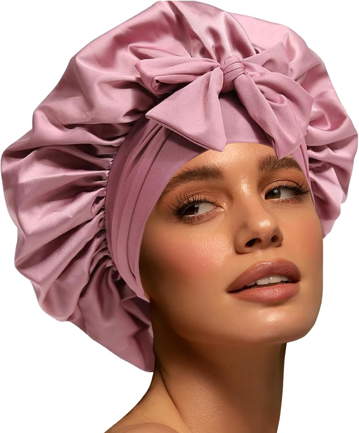 Silky Satin Bonnet for Sleeping,Single Layer Silk Satin Hair Bonnet Women with Tie Band (Bean Paste) image number 3