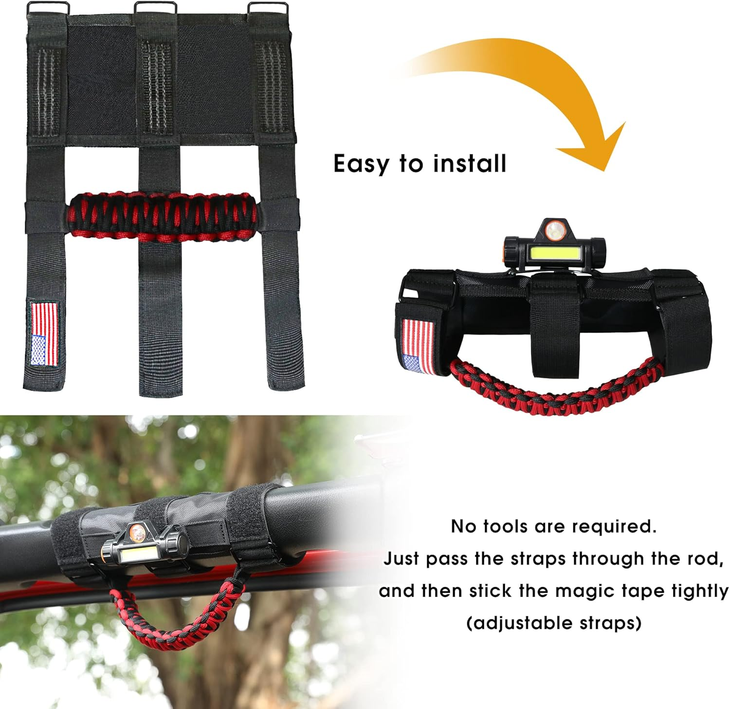 Sukemichi Handles Grab Roll Bar Grab Handles with Light for Jeep Wrangler Accessories TJ JK JL YJ Unlimited Rubicon Sahara 2 Door 4 Door Jeep Gladiator JT, Rechargeable Dome Light, Red, 2 Pack