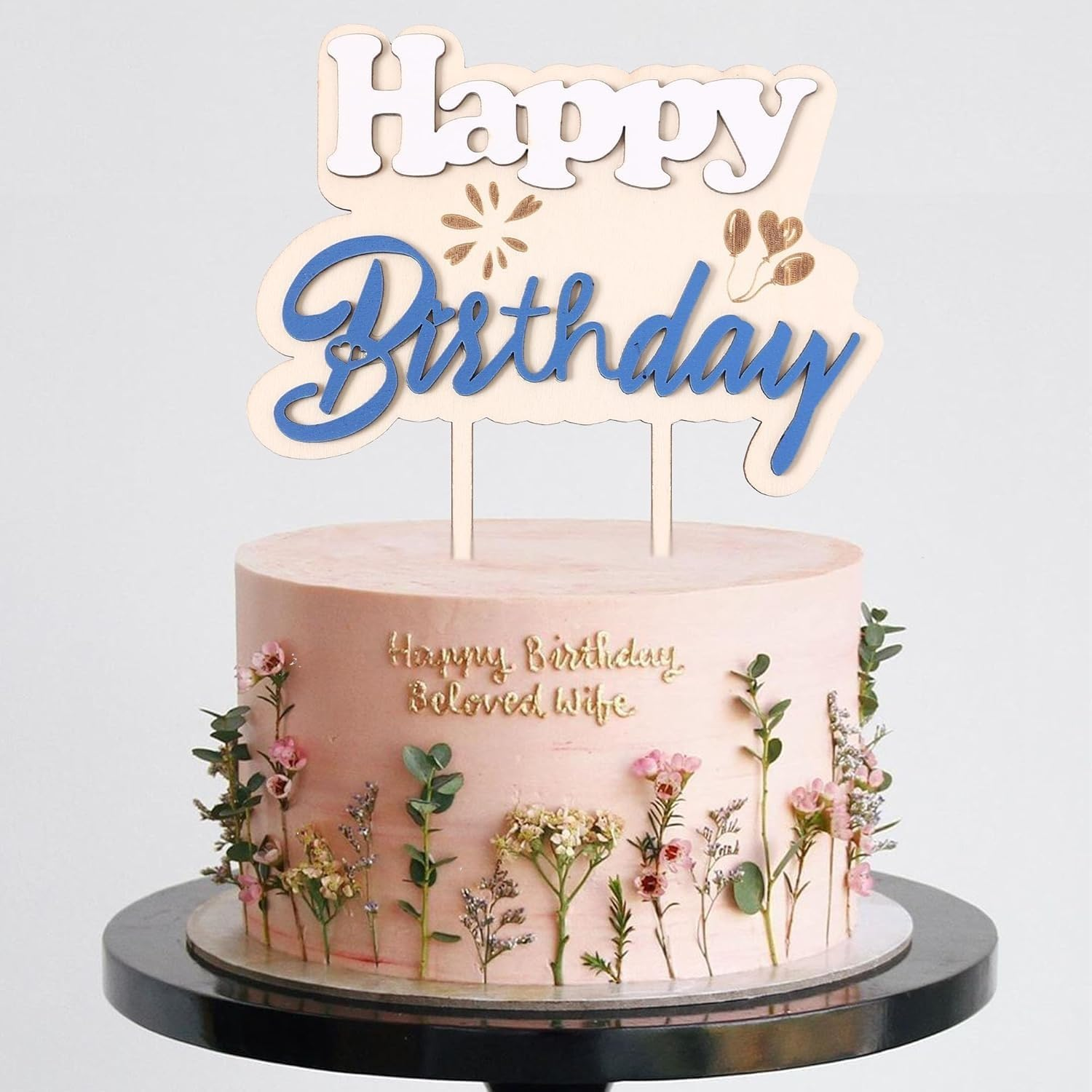 Happy Birthday Wooden Cake Topper &ndash; Blue & White Balloon Theme with Fireworks &ndash; Elegant Party Decoration for Kids, Adults, and Anniversaries &ndash; 7&rdquo; Tall &ndash; Style E image number 2
