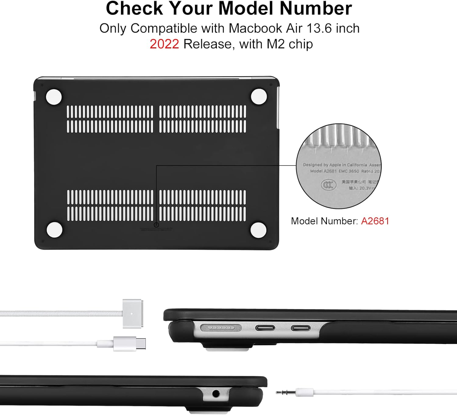 Eoocoo Case Compatible with Macbook Air 13 Inch 2026-2022 M4 M3 M2 A3240 A3113 A2681, Hard Shell Case + Keyboard Cover + Polishing Cloth + Screen Protector for Mac Air 13.6 Inch, Black image number 5