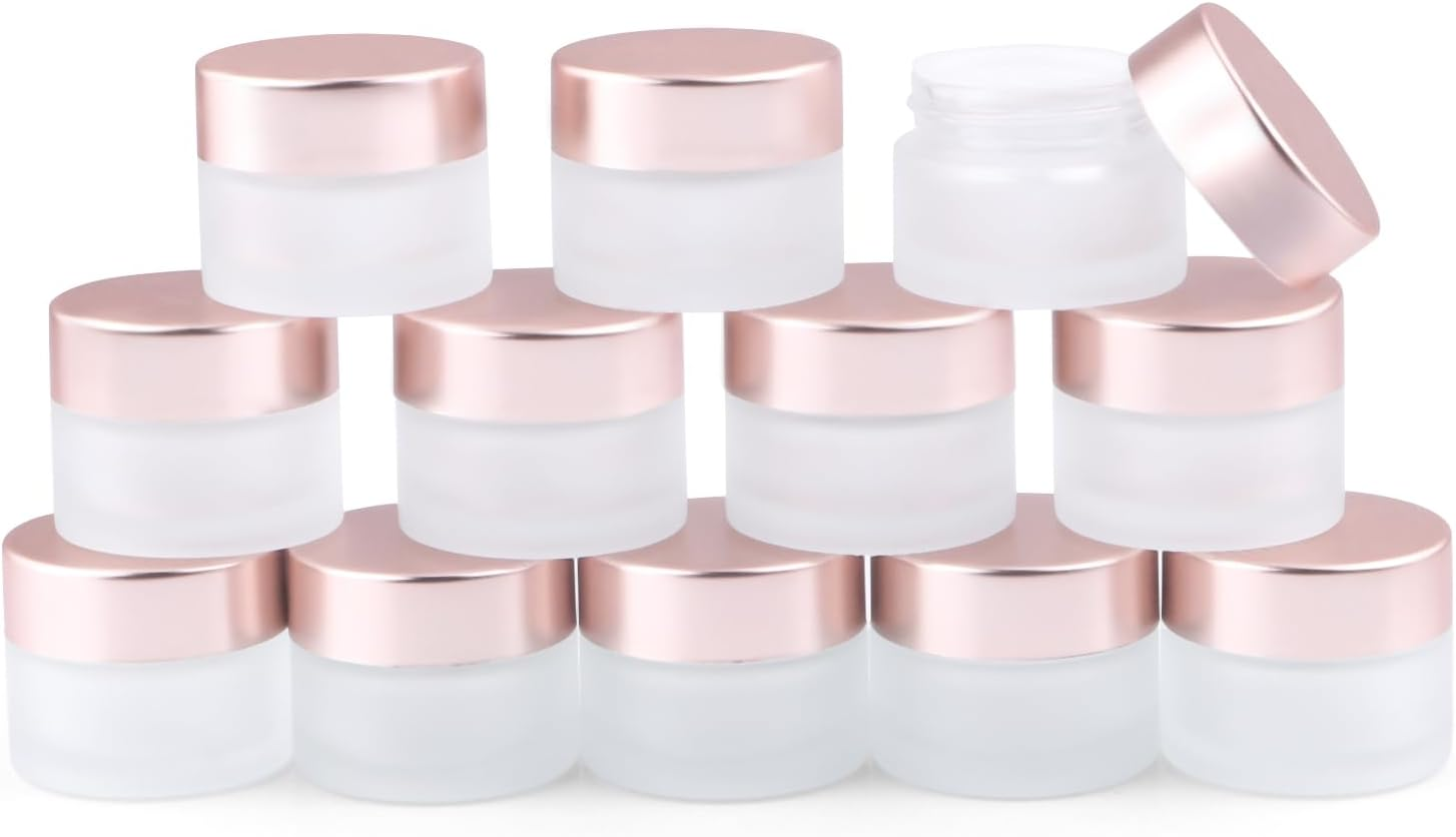 12 Pack 15G/0.5 Oz Frosted Glass Cream Jar Cosmetic Sample Jar Empty Makeup Container Refillable Travel Pot Jar for Lotion Cream Cosmetics Ointments image number 4