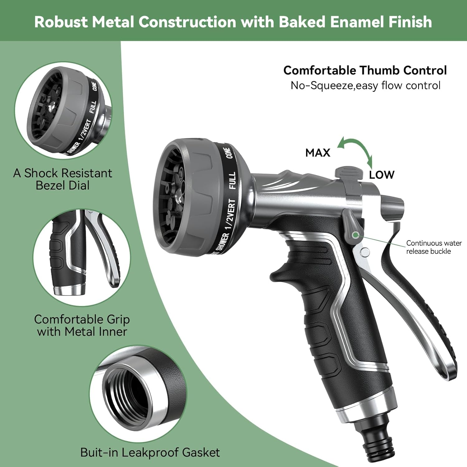 New Heavy-Duty Metal Hose Pipe Spray Gun, 8 Adjustable Spray Patterns Garden Hose Spray Gun, Leak-Proof Hose Gun, Garden Hose Nozzle for Watering, Cleaning, Washing Cars image number 1