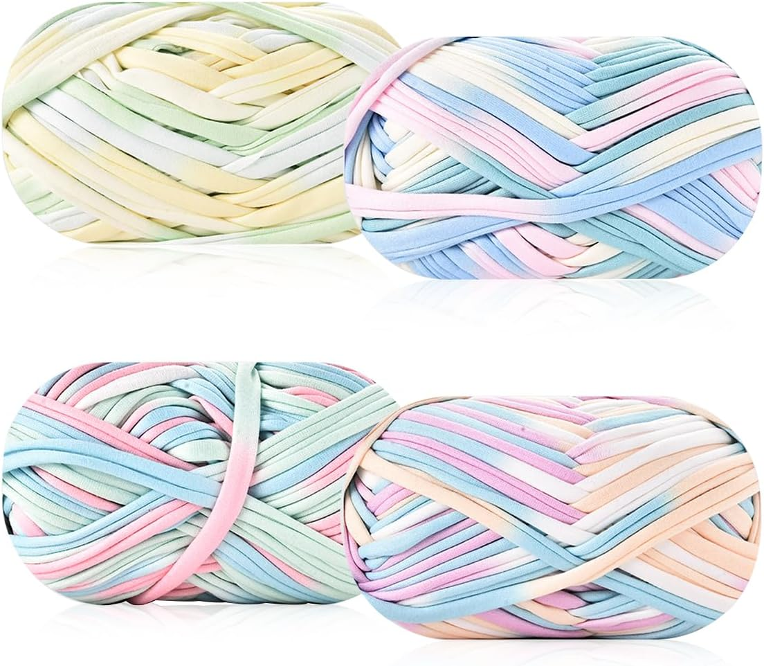 Isuperb 4 Pack Knitting Yarn Colorful Cloth T-Shirt Yarn Fabric Crochet Cloth for DIY Knitted Art Basket Bag - 400G