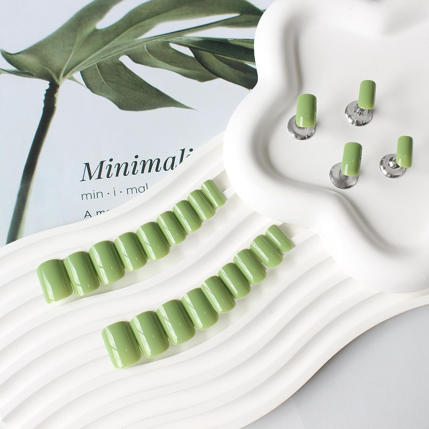 KXAMELIE Feather Light Green Nails for Gluing Medium Short Square Nail Studio Coffin Fake Nails Plain Seamless Soft Gel Fingernails for Women and Girls Press-On image number 3