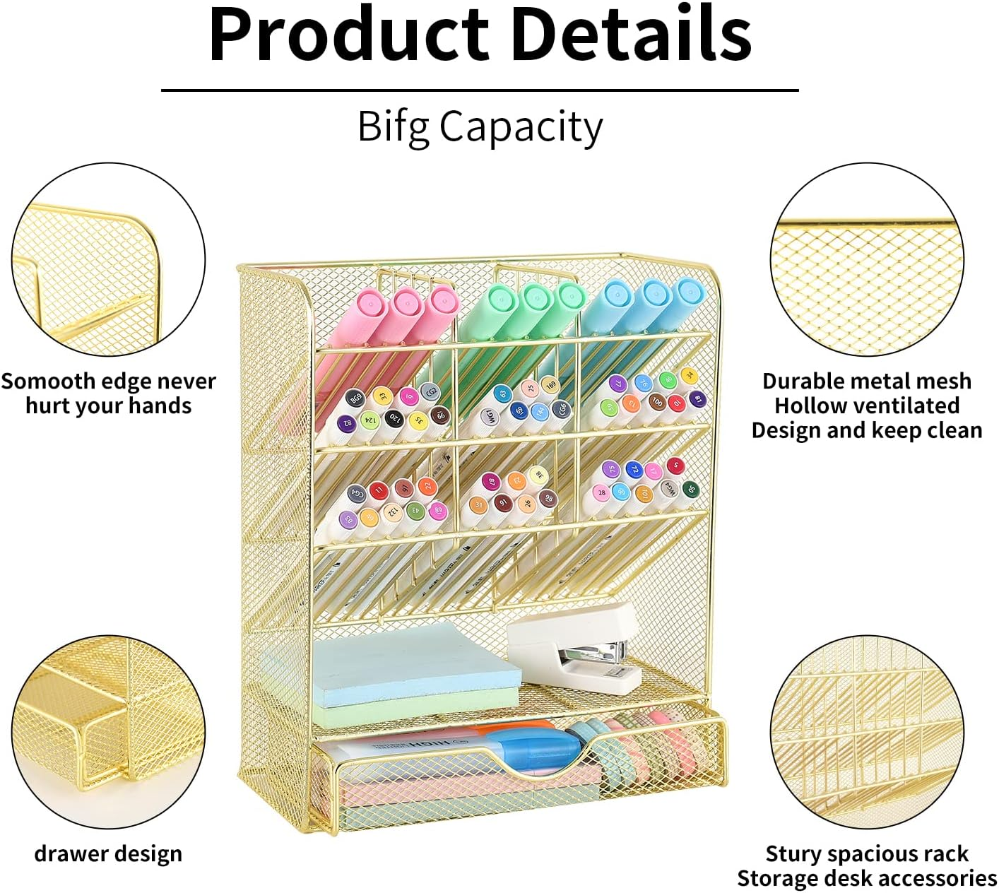 Spacrea Mesh Pen Organizer - Pencil Holder for Desk, Desk Organizer with Drawer for School, Home, Art Supplies (Gold) - Gold,Golden image number 2