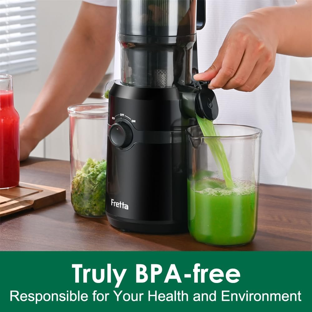 Fretta Cold Press Juicer Machine for Whole Fruits and Vegetables,Masticating Slow Juicer with 1L Large Capacity and 108Mm Wide Feeding Chute,Tritan Bpa-Free,Reverse Function,200W,Easy to Clean,Black - Grey image number 2