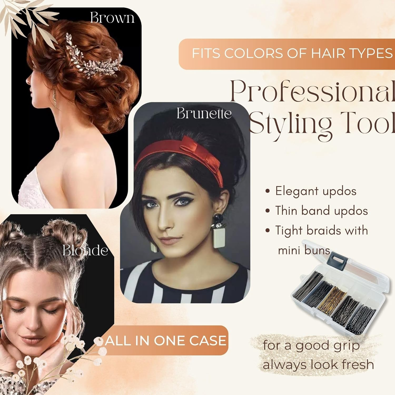 Parvaneh Bobby Pins&Hair Pins with Box,500Pcs,U Shaped Hair Pins Set for Women,300 Bob Pins&200 U Pins,Hair Accessories Set for Hair Stylist,Blonde,Black,Brown Hair Grips,Assorted Sizes image number 2