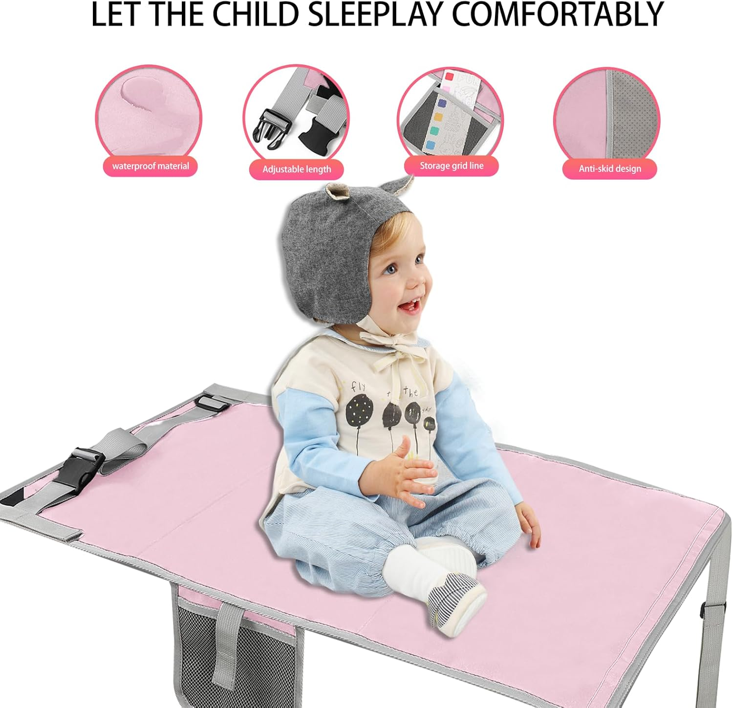 Pink Airplane Bed for Toddler 76&times;44.5Cm, Airplane Seat Extender for Travel Waterproof Lightweight Airplane Foot Hammock Suitable for All Aircraft Seats,Comfortable Flight Companion for Your Child image number 5