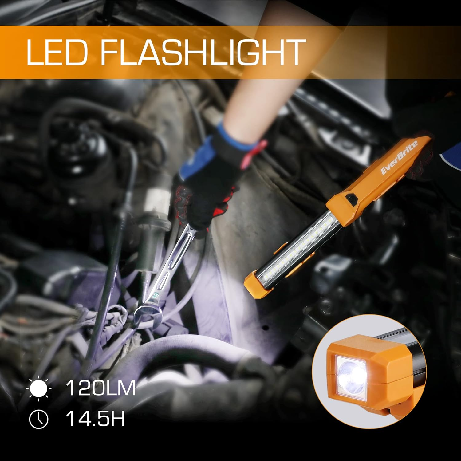 Everbrite 1000LM LED Work Light, Rechargeable Work Light for Mechanics with Dual Magnetic Bases&Hanging Hooks, 4 Lighting Modes, USB C Cable, for Car Repairing, Working, and Hurricane, Pack of 1 image number 3