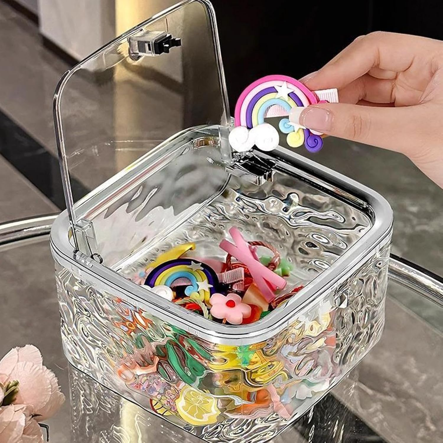 Hair Accessories Storage Container | Clear Hair Tie Organizer | Hair Accessories Holder, Tool Box with Lid, Hair Containers for Headband Bows Hair Clip - Silver Gray image number 5