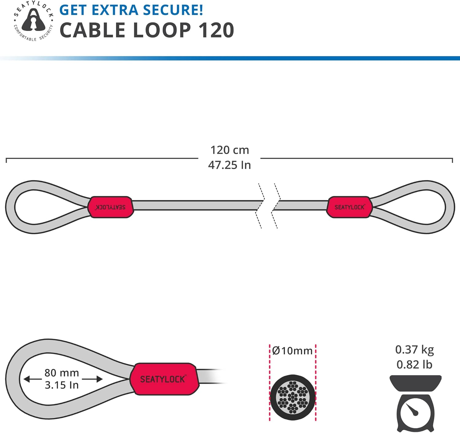 Seatylock Bike Cable Lock - anti Theft Triple Braided Steel Cable with Loops for Bike Security - Universal Fit Flexible Large Locking Cables for U Lock D Lock Chain Lock or Folding Lock - 120 Cm image number 4