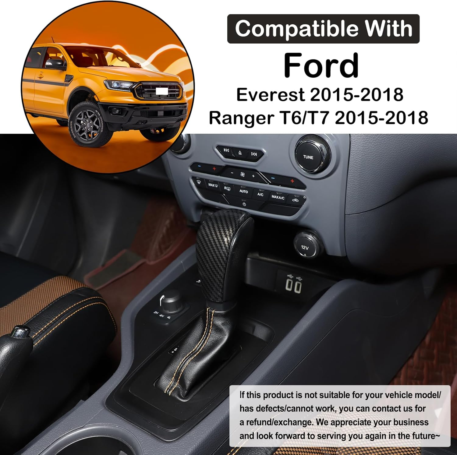 Car Shifter Gear Hand Brake Trim Cover Compatible with Ford Ranger 2015-2018 - Carbon Fiber Pattern image number 6