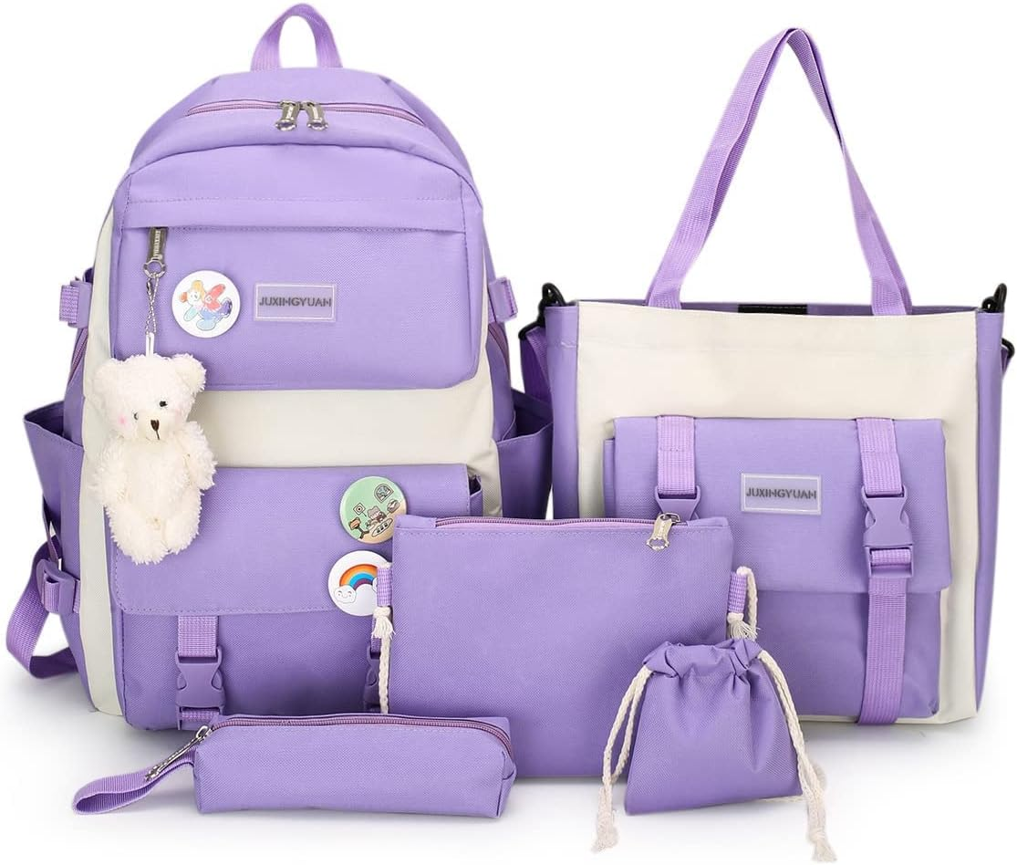 AONUOWE 5Pcs Aesthetic Backpack Set for School Teens Girls Daypack Cute Trendy Large Capacity Preppy Shoulder Bag, Purple, Backpack,Travel,Unique - Pink image number 4