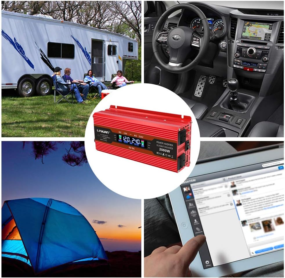 Yinleader 1000W/2000W(Peak) Car Power Inverter DC 12V to 240V AC Converter with Intelligent LCD Display Dual AC Outlets Dual USB for RV Caravan Truck Laptop(Red) image number 6