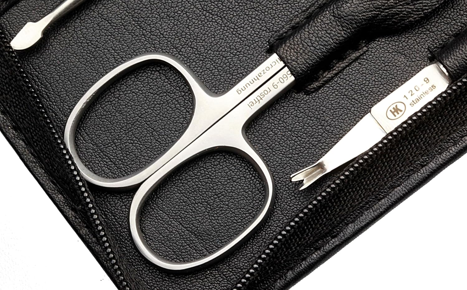 Sonnenschein by Hans Kniebes Manicure Set 9 Pieces Nail Scissors, Cuticle Scissors, Nail Clippers, Cuticle Nippers, Clippers, Tweezers, File, Manicure Case Nappa Sheepskin Black image number 3