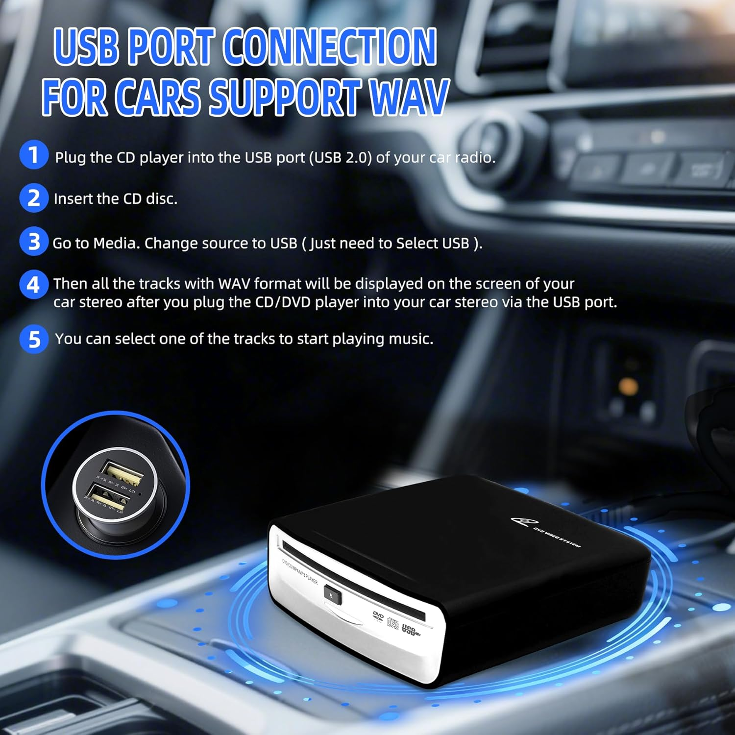 USB Portable External Universal CD Player for Car，Tv，Mac，Laptops，Desktops，Pc with Plug and Play USB Port AUX Port for Android 4.4 and above Navigation