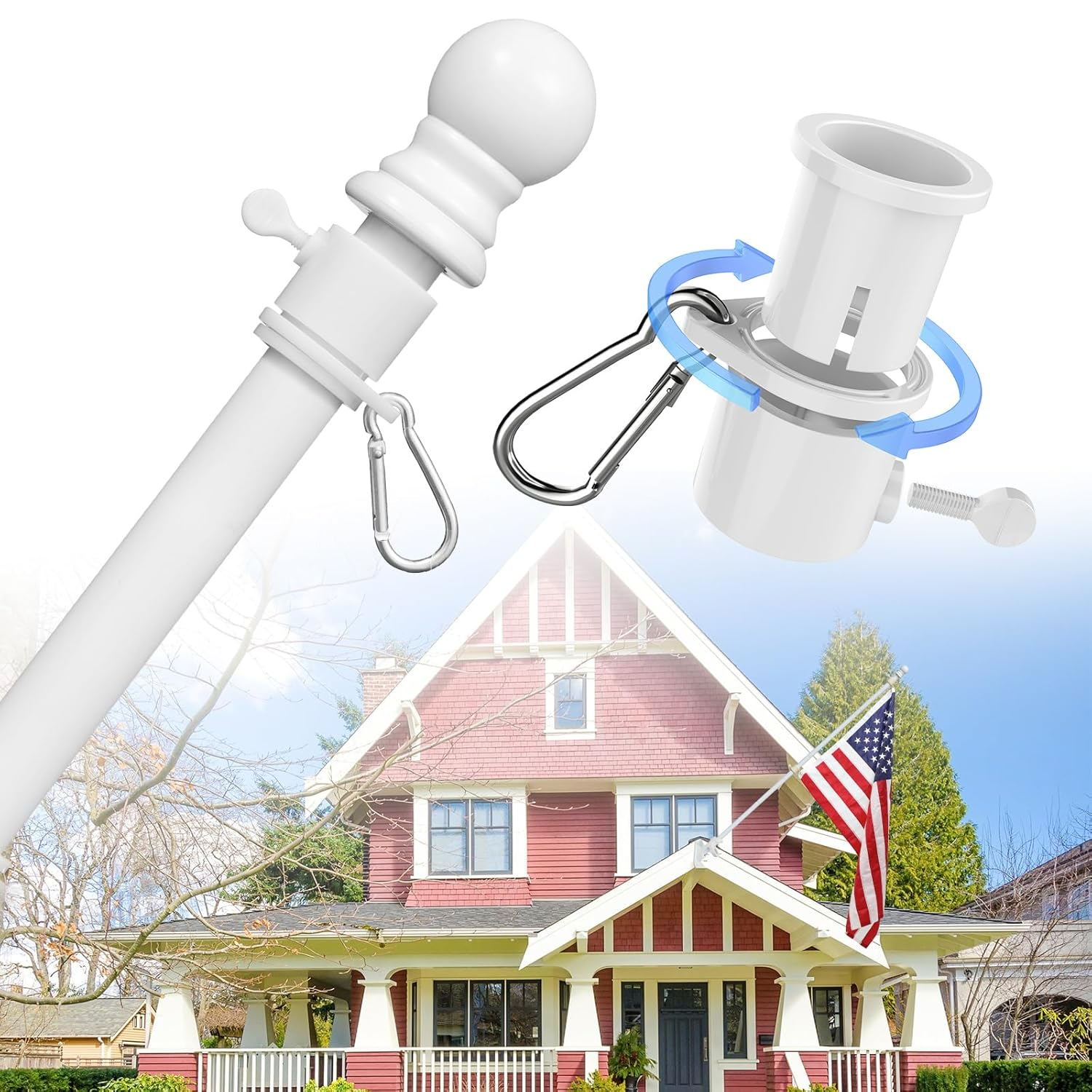 Decorative Flag Pole Kit - 7Ft Tangle Free Heavy Duty Flag Pole for outside House,Adjustable Flagpoles Residential for Outdoor Porch Garage Boat Truck, 3X5 4X6 Wall Mount & Hand Held Flagpole,White