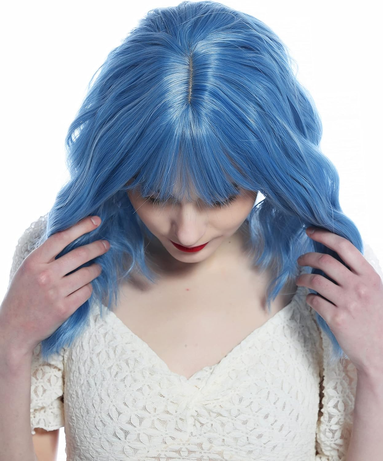 WIG ME up - Szl0851-T4043/S-Gray Cute Lady Wig Bangs Shoulder Length Wavy Blue White Grey Strands image number 4