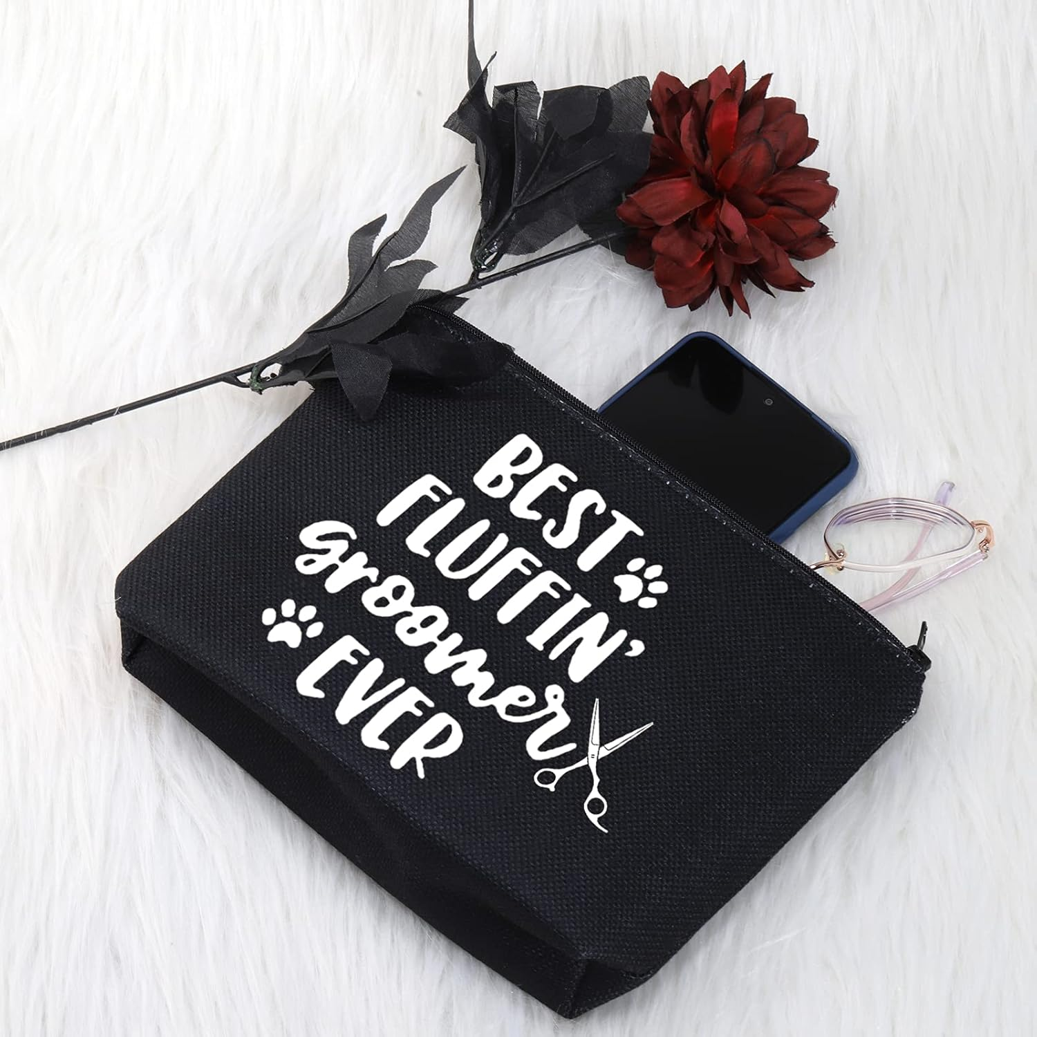 JINUP Dog Groomer Grooming Gift Best Fluffin' Groomer Ever Makeup Cosmetic Zipper Bag Pet Groomer Tool Kit, Fluffin' Groomer Black Bag, image number 4