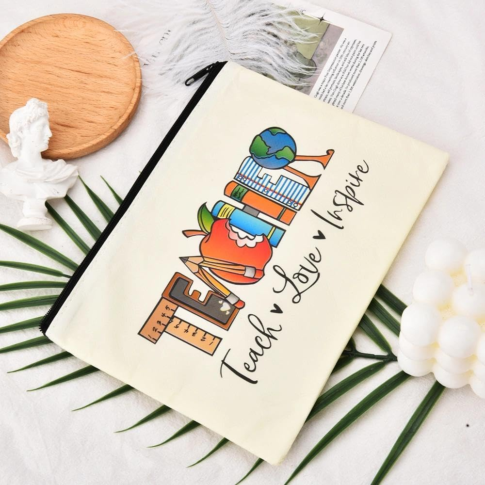 Teacher Inspirational Gifts Makeup Bag for Women Teacher Design with Teach Love Inspire Canvas Cosmetic Bags Travel Toiletry Pouches for Teachers Appreciation Back to School Christmas Birthday Gift image number 2