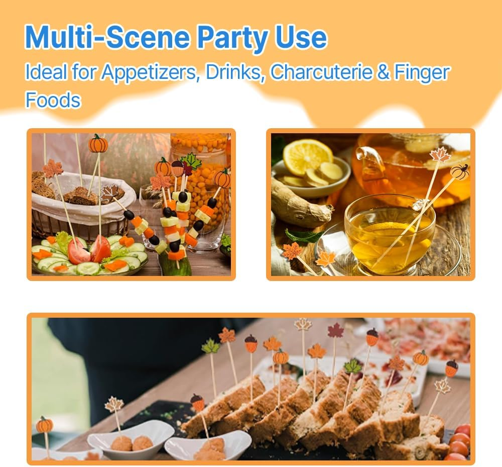 100 Pcs Fall Cocktail Picks - Pumpkin, Maple Leaf & Hazelnut Bamboo Toothpicks for Appetizers, Drinks, Charcuterie, Halloween & Thanksgiving Party Food Decorations