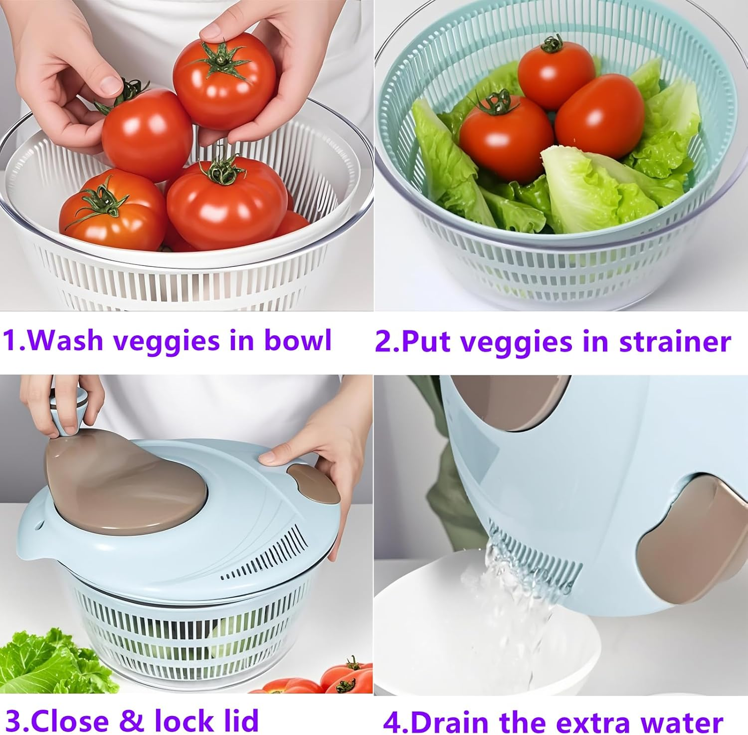 4L Salad Spinner - Non-Slip Vegetable & Fruit Washer/Dryer for Households, Easy-Clean Kitchen Gadget for Greens, Herbs & Vegetables (Blue) image number 4