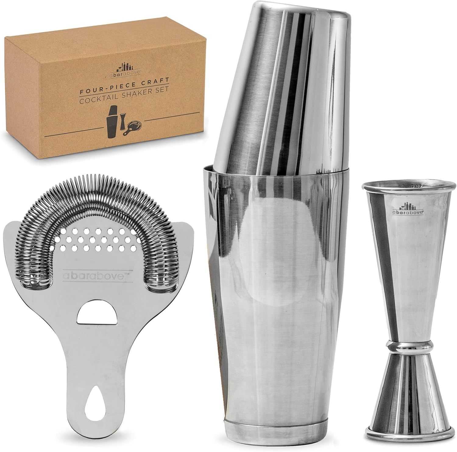 Boston Shaker Set: Professional Two-Piece Stainless Steel Cocktail Shaker Set with Hawthorne Strainer and Japanese Jigger image number 3