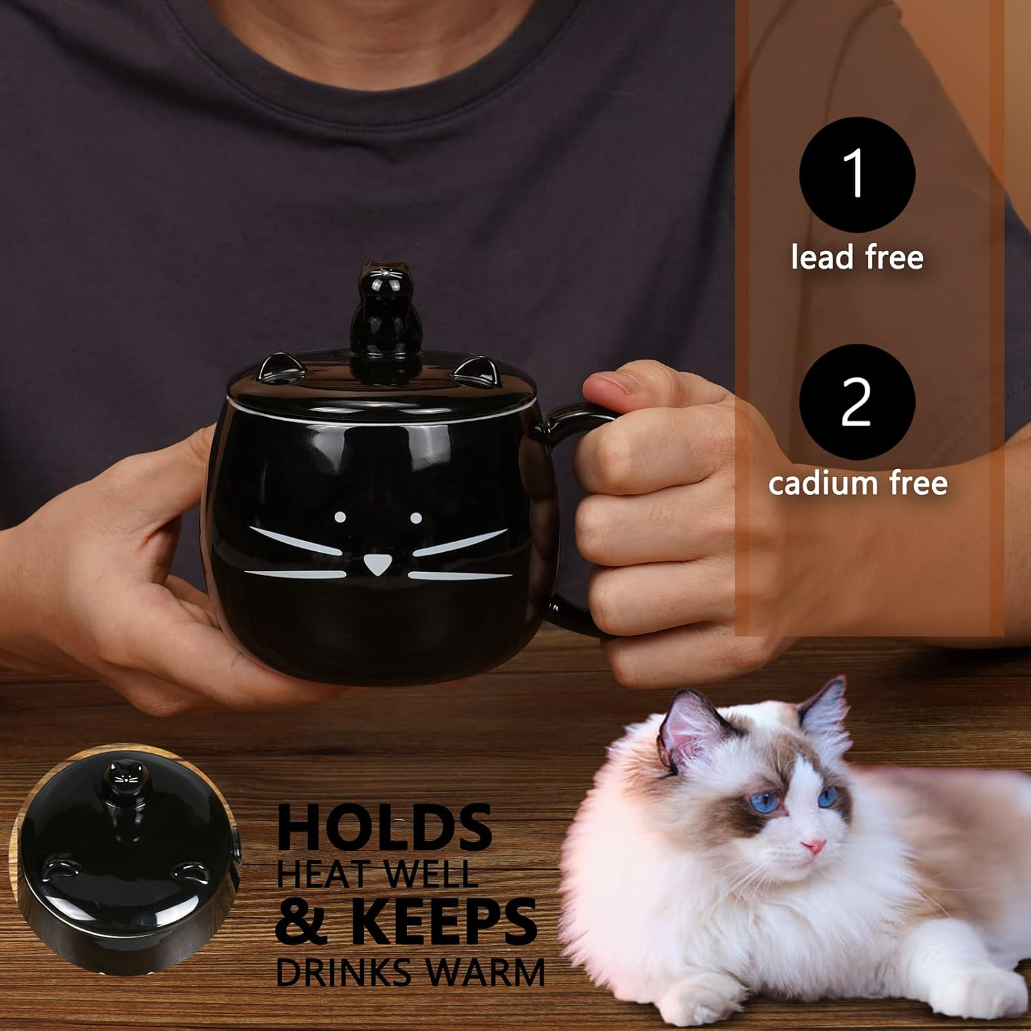Koolkatkoo 16OZ Cute Cat Coffee Mug with Cell Phone Holder Lid for Cat Lover Unique Ceramic Black Mugs Tea Cup image number 5