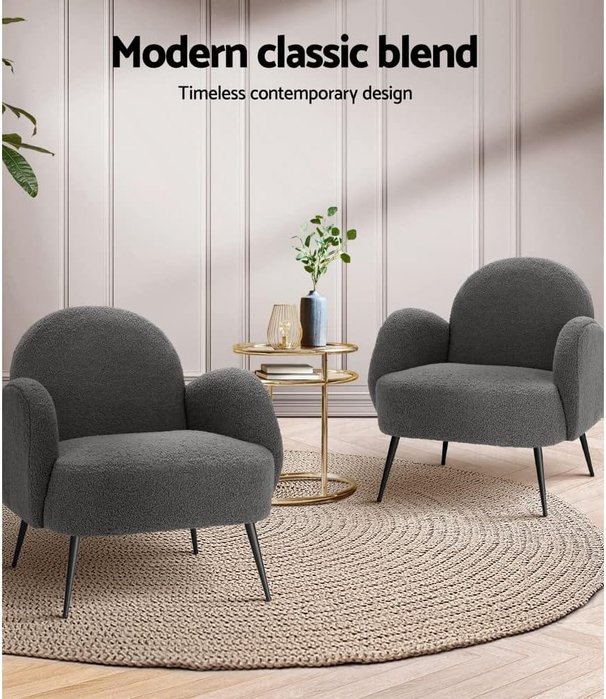 Artiss Armchair Sherpa Fabric Recliner Lounge Dining Chairs Nursing Occasional Reading Seating Single Sofa Home Living Room Bedroom Furniture, Charcoal with 18Cm Thick Padding Seat image number 1