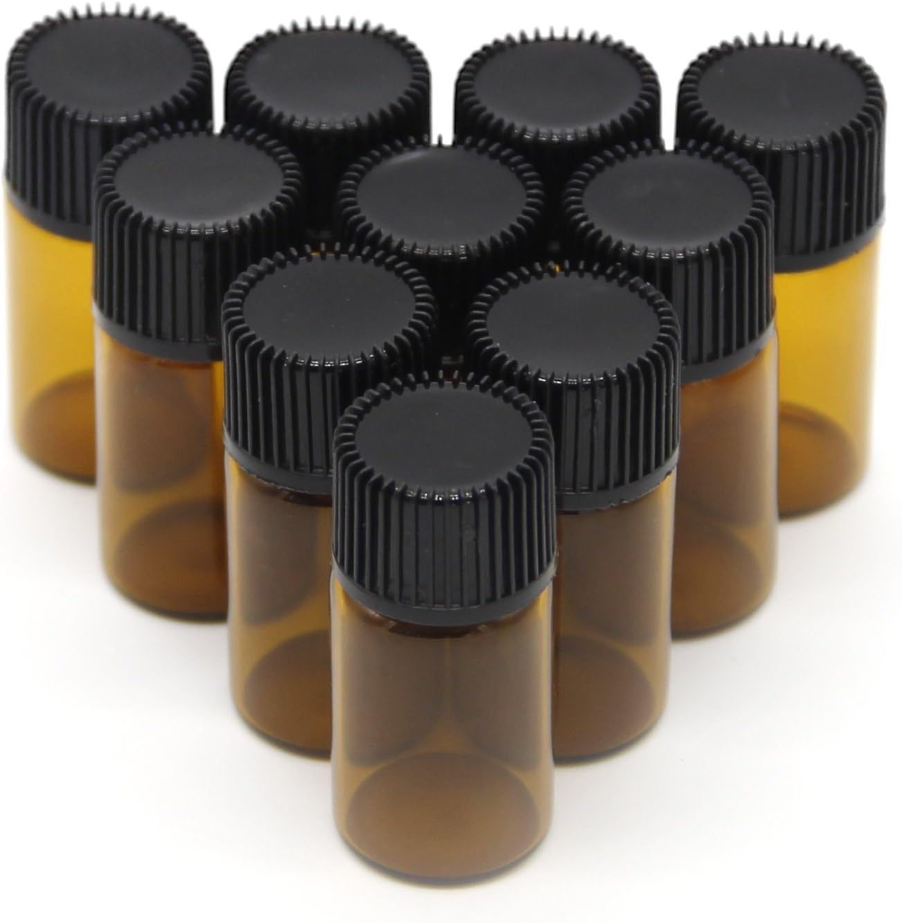 10-Pack Glass Vials Mini Amber Glass Essential Oil Bottle with Black Screw Caps and Central Hole Plugs for Oil, Perfume, Leak Proof Travel（20Ml) image number 2