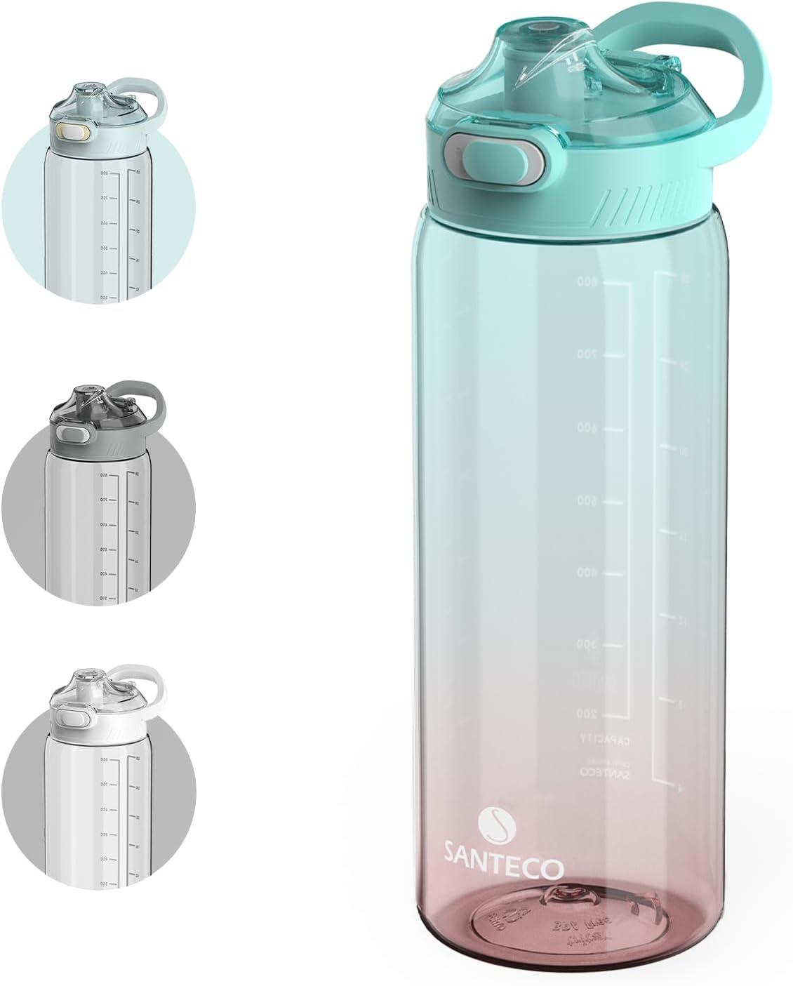 SANTECO 1L Water Bottle BPA Free - Lightweight Sports Bottle with Handle, Leak Proof, Easy Clean, Good for Gym Hiking Travel (Light Grey, 1000Ml)