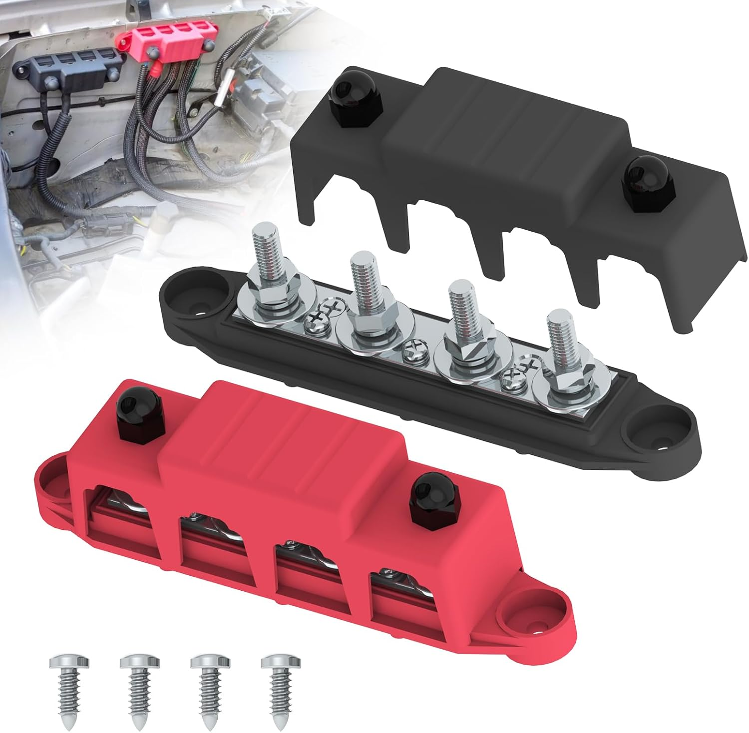 Bus Bar 250A 12V Power Distribution Block with 5/16" (M8) 4-Posts Terminals Block with Cover for Automotive, Marine, Battery System (Black & Red)