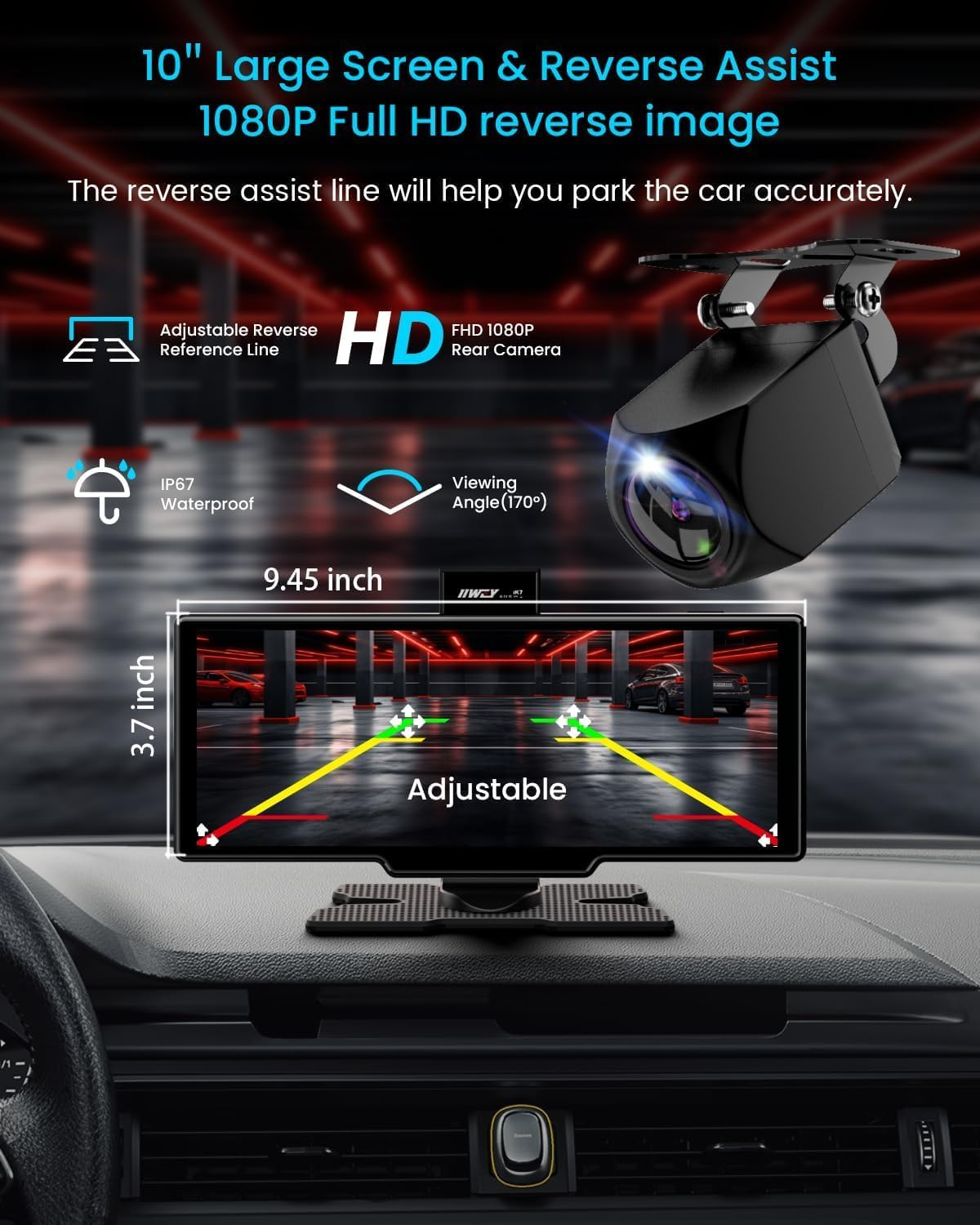 10.26" Portable Wireless Carplay Screen for Car, Apple Carplay & Android Auto, 4K Dash Cam with 1080P Backup Camera, Touchscreen DVR, Dual Recording, Includes Mount & 64GB Card image number 5