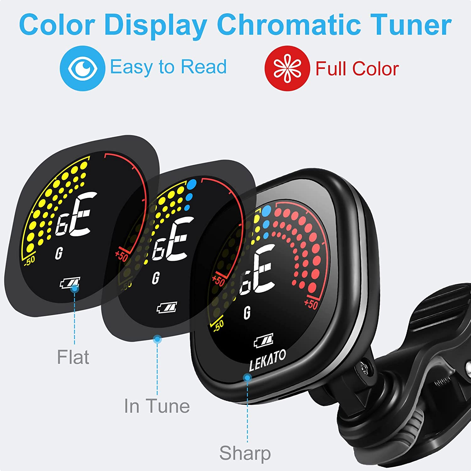 LEKATO Rechargeable Guitar Tuner Clip on Tuner for All Instruments - Guitar, Violin, Ukulele & Chromatic Tuning Modes, Fast & Accurate, Easy to Read Color Display, Professional and Beginner image number 3
