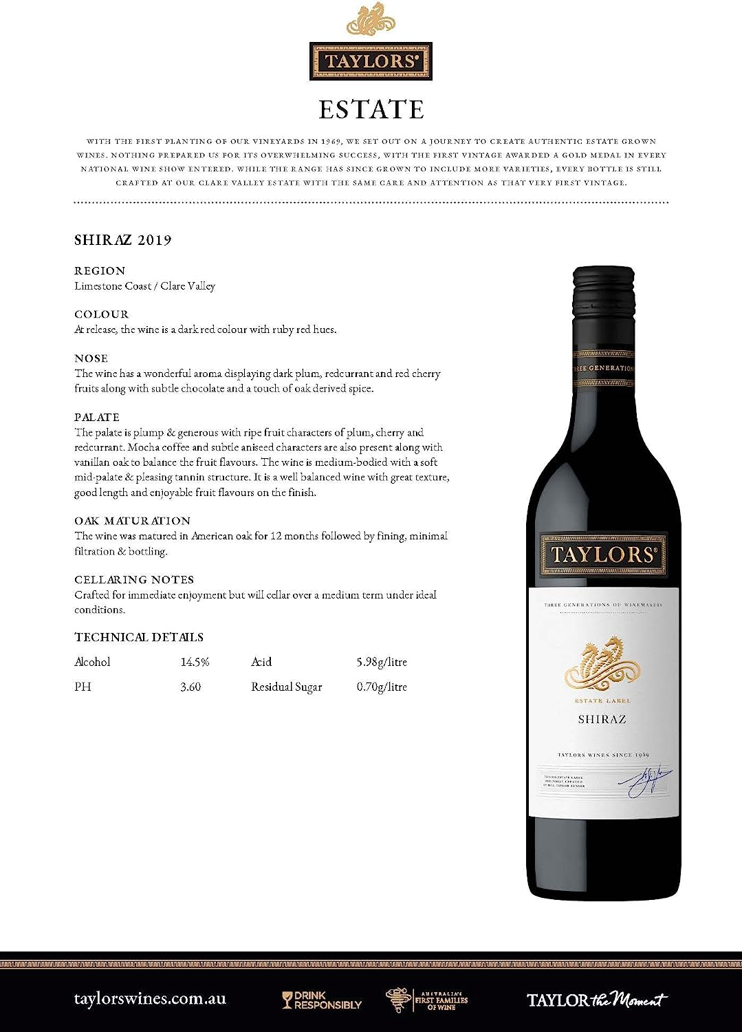 Taylors Estate Shiraz Wine, 750 Ml (Pack of 6) image number 2