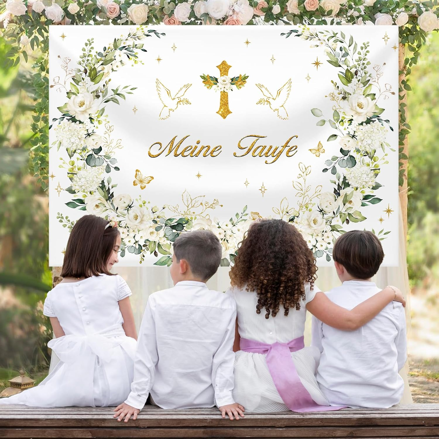 MEHOFOND 2.1 X 1.5 M My Christening Background Pure Garland Dove Cross Leaf Background Boys Girls Newborn Baby Shower First Communion Christening Party Banner Decorative Accessories Photo Props image number 6