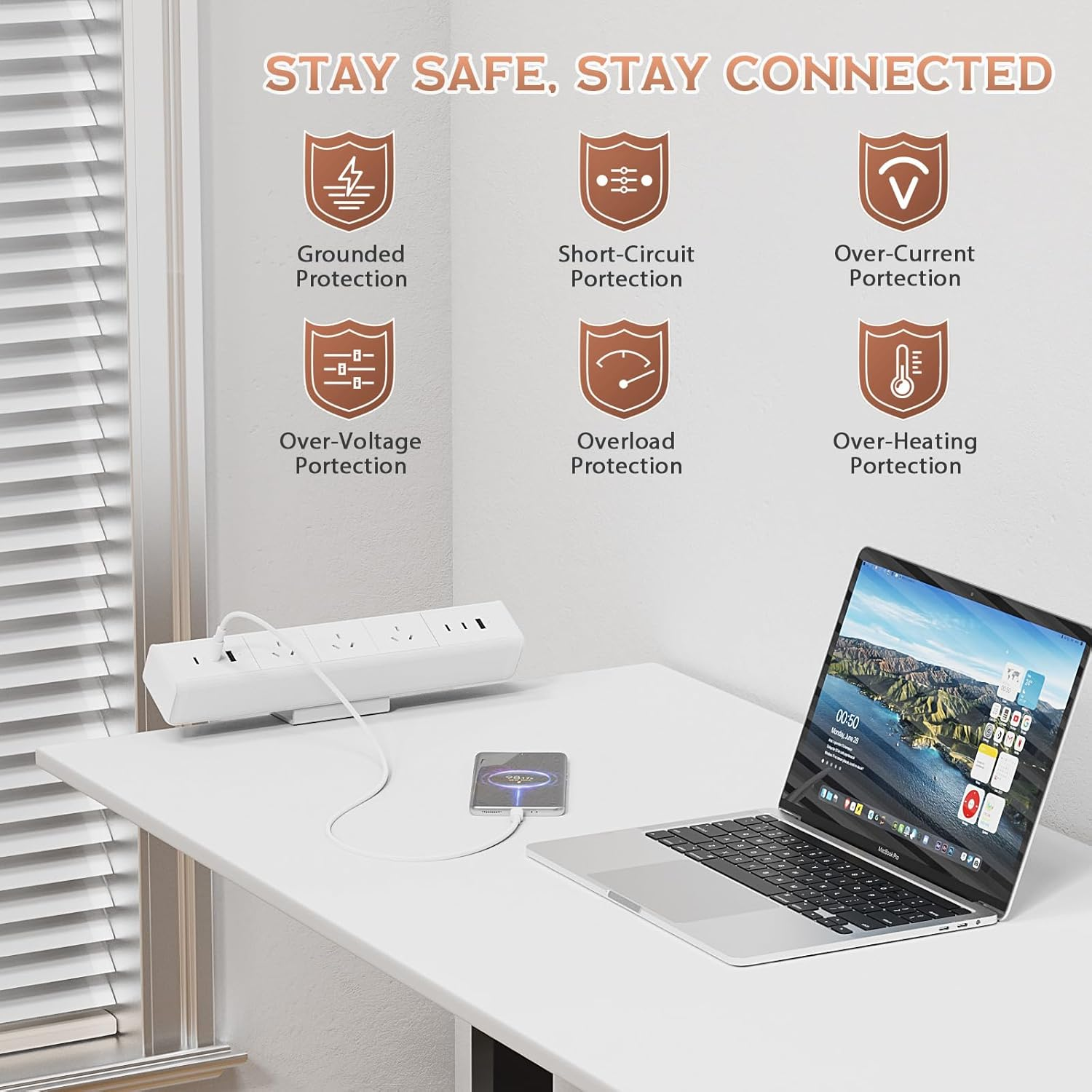 Desk Power Board with USB, Haiaoyyds Aluminium Alloy Clamp Powerboard - 3 Outlets, 6 USB Ports, 1.8M Cable, Desktop Mounted Power Strip for Home, Office, Workspace (White) image number 5