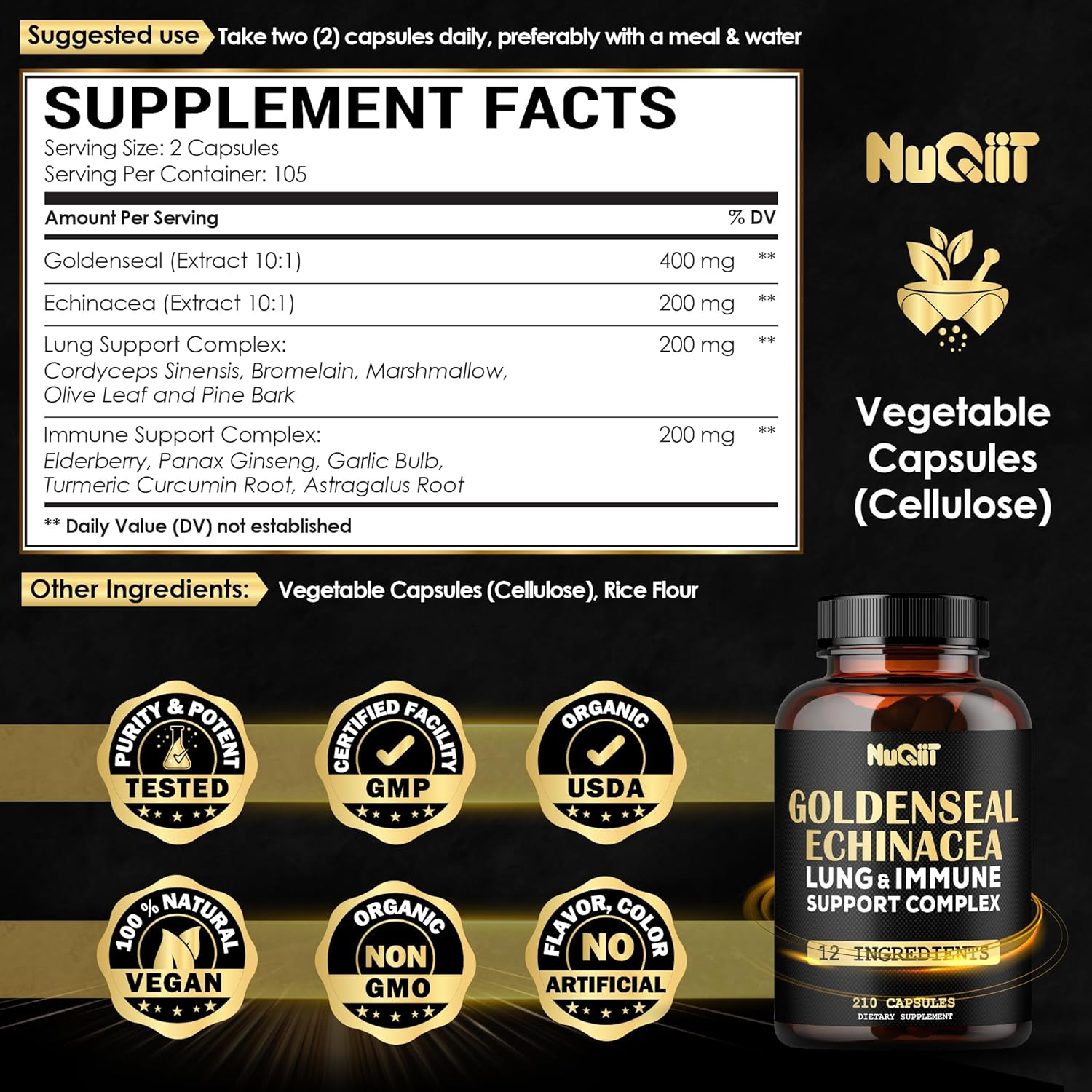 210 Capsules - 1000Mg Goldenseal Root Capsule with Panax Ginseng Root, Bromelain, Immune Support Complex as Elderberry, Garlic Bulb - Digestive Health, Body Balance & More - Goldenseal Root Powder image number 1