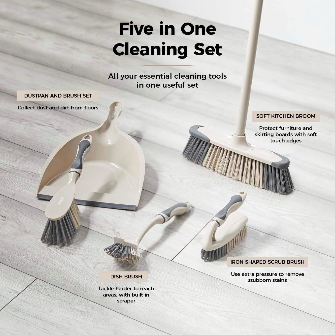 Tower T769002MSH 5-In-1 Cleaning Set with Dust Pan and Brush/Kitchen Broom/Dish Brush/Scrub Brush, Latte & Grey image number 5